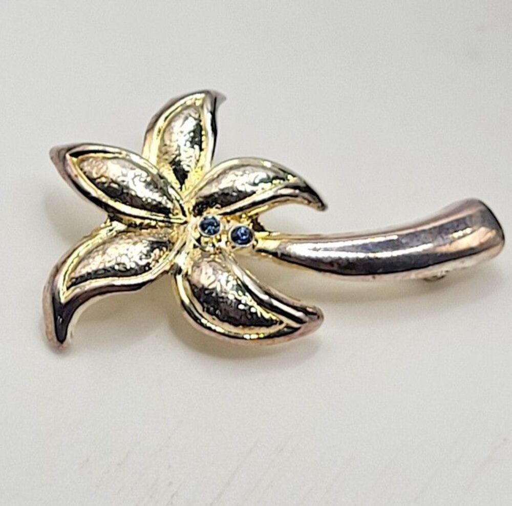 Vintage Silver Gold Tone Palm Tree Brooch Blue Rhinestone Tropical Coconuts 2in